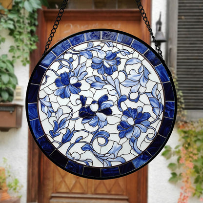 Stained Glass Window Hanging, Blue and White Abstract Flowers Sun Catcher for Door Home Decor Suncatcher Christmas Mother's Day Birthday Gifts for Women Men Mom and Nana 9.8 in