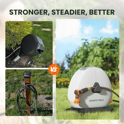 Giraffe Tools Heavy Duty Retractable Hose Reel, 130FT 1/2 Inch Automatic Rewind Garden Hose Reel with Flexible Swivel Base, Ground Mount for Lawn, Patio, and Concrete Floor