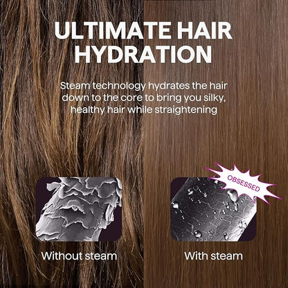 Wavytalk Steam Sesh Hair Straightener, Steam Reduces Damage, Nourishes Hair, and Expedites Straightening, 1.38'' Nano Titanium Flat Iron with Detachable Comb for Silk Press Smoothing & Blowout, Pink