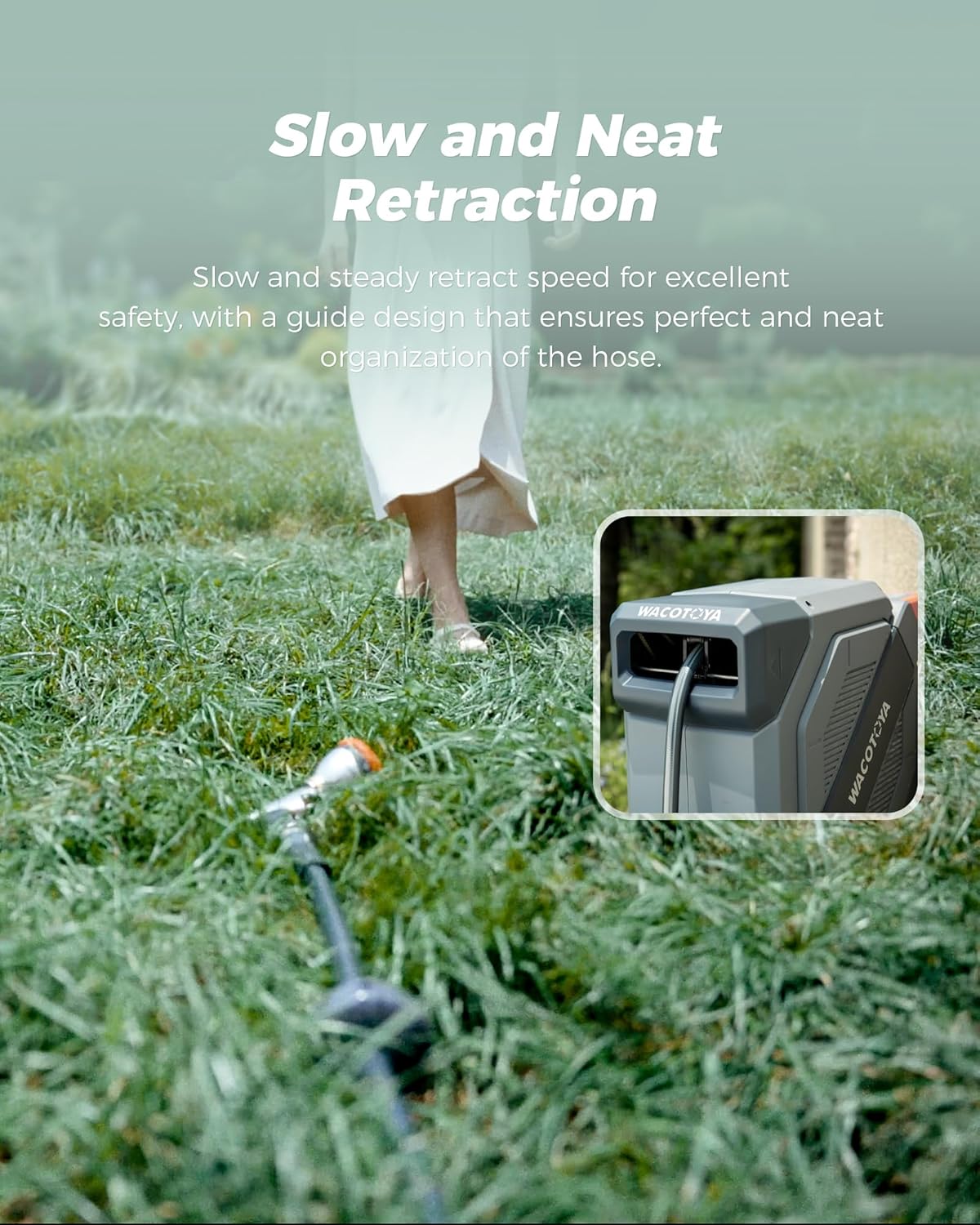 Retractable Garden Hose Reel 1/2 in x 100 ft Professional Metal Bracket & 9-Pattern Metal Nozzle UV Resistant Brass Fitting Heavy Duty Wall Mount Any Length Lock Slow Retraction 180° Swivel