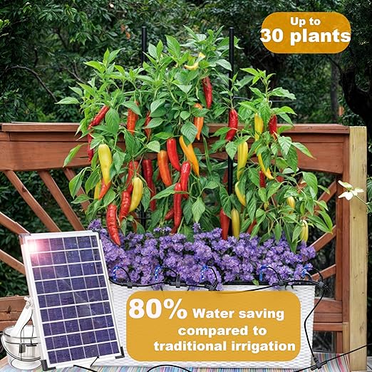 RISINGUP Solar Drip Irrigation System with Timer, Programmable Smart Watering with 2200mAh Battery, Automatic Plants Watering System for 30 Potted Plants Outdoor Garden, Patio, Balcony, Greenhouse