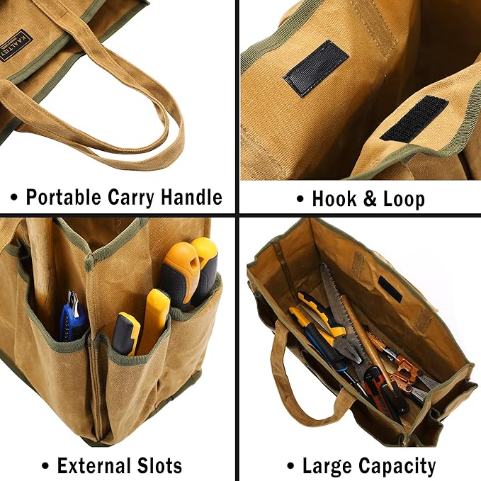 16OZ Waxed Canvas Tool Tote Bag | Large-Capacity Tool Storage Tote with 10 External Pockets | Multi-Purpose Garden Tool Carrier for Gardening, Wrench, and Carpentry Tools – Khaki
