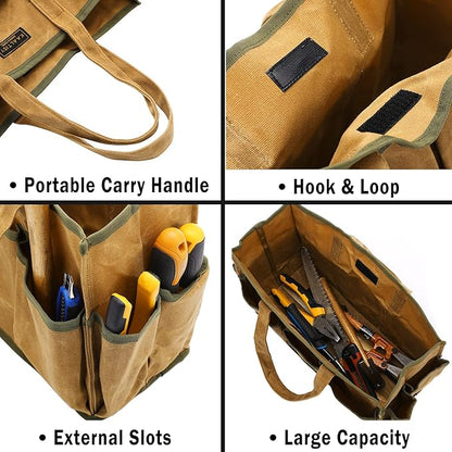 16OZ Waxed Canvas Tool Tote Bag | Large-Capacity Tool Storage Tote with 10 External Pockets | Multi-Purpose Garden Tool Carrier for Gardening, Wrench, and Carpentry Tools – Khaki