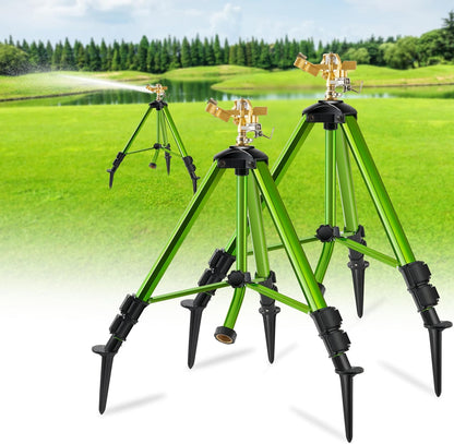 Impact Sprinklers on Tripod Base with Ground Plugs,Heavy Duty Brass Head Sprinkler with 360 Degree Spray,0-44ft Large Area Irrigation,Tripod Sprinkler with Extension Legs for Yard Garden Lawn,2 Pack