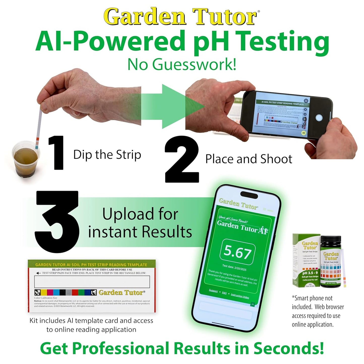 Garden Tutor Soil pH Test Kit – 100 Strips with AI-Powered Web Reader – Accurate Testing for Lawn, Garden & Compost – pH 3.5–9