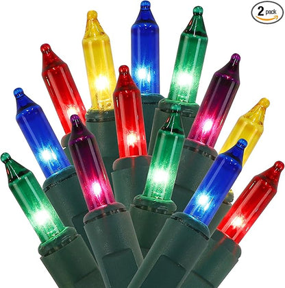 2 Pack Multicolor Christmas String Lights, 100 Count Each, Incandescent Mini Christmas Lights, Connectable Xmas Tree Light for Indoor Outdoor Garland Birthday Holiday Wedding Festival Party