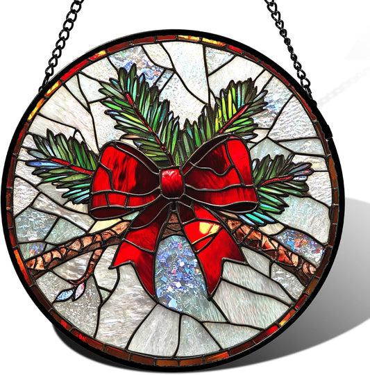 Stained Glass Window Hanging - Pine Branches Red Bow Suncatcher for Doors Home Christmas Decoration Silver Sun Catcher Thanksgiving New Year Birthday Gifts for Women Men Mom Nana 9.8 in
