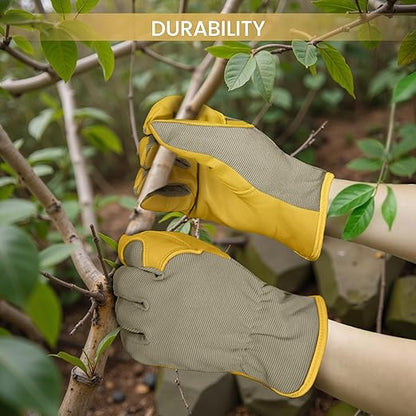 Gardening Gloves, Garden Gloves for Women and Men, Thorn Proof Working Gloves, Durable Leather Work Garden Gloves for Yard & Outdoor Work, Golden, M