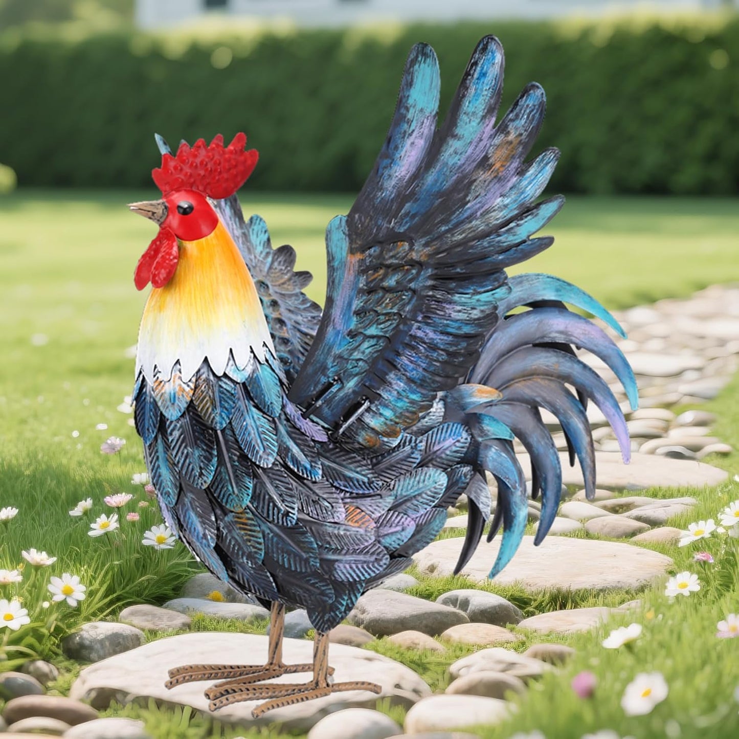 Metal Rooster Decor Garden Statue Yard Art Decoration Outdoor Chicken Kitchen Decor for Backyard Patio Kitchen Lawn for Women Mom
