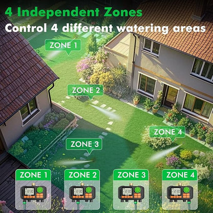RESTMO 4 Zone Sprinkler Timer with Brass Inlet, Programmable Water Timer for Garden Hose, Automatic Control | Manual ON/Off | Rain Delay for Outdoor Faucet, Drip Irrigation and Lawn Watering System