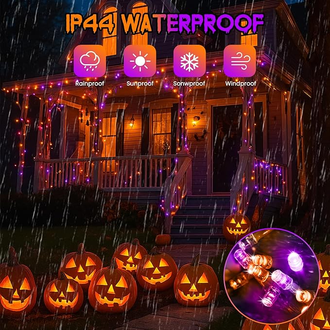 Upgraded Connectable 200 LED Halloween String Lights Outdoor Indoor, 66FT Orange and Purple Halloween Lights 13 Modes, Waterproof Twinkle Fairy Lights Plug in Clear Wire for Tree, Bedroom Decoration