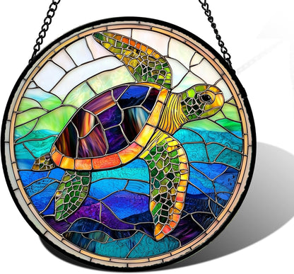 Stained Glass Window Hanging, Colored Turtle Ocean Suncatcher Diamond Glass Panel Hangings Marine Life Sun Catchers Decor for Birthday for Women, Men, Wife, Aunt, Mom 6.3 in