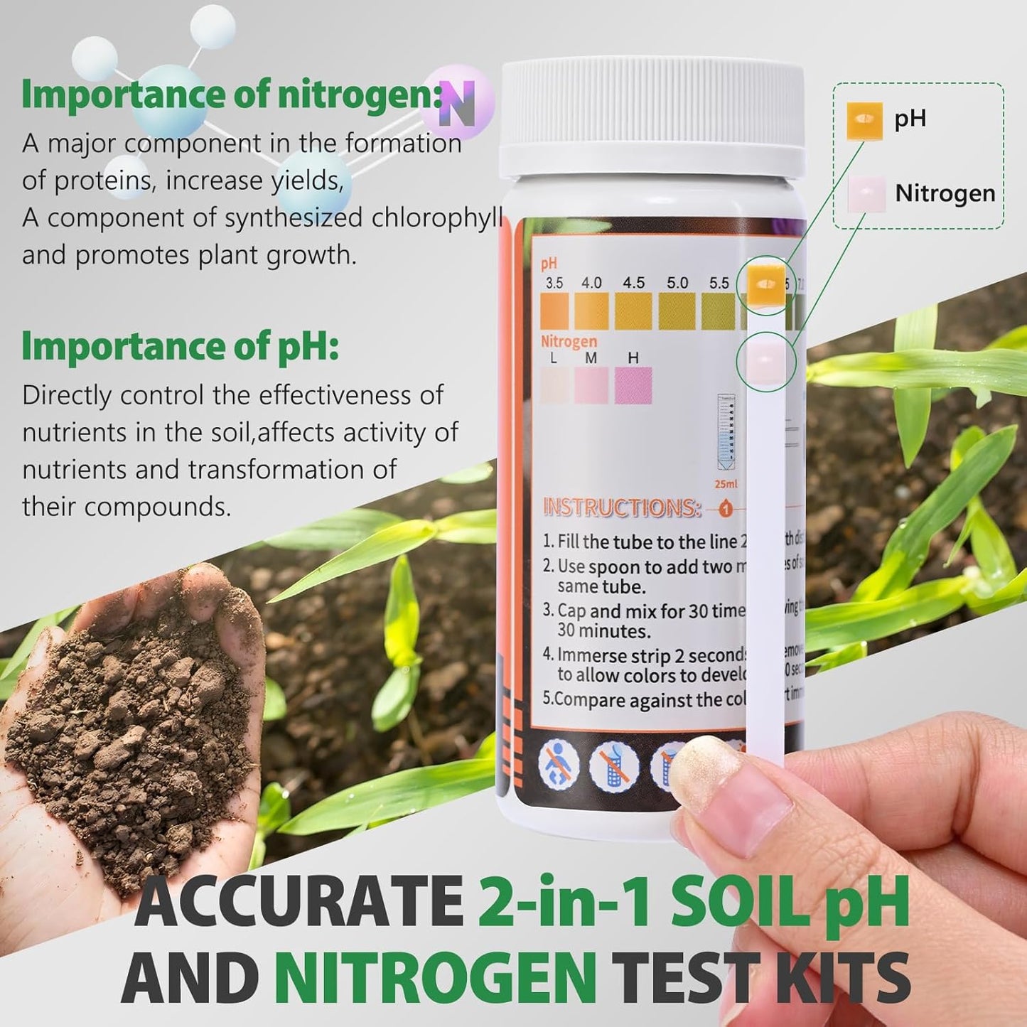 Upgrade pH and Nitrogen Soil pH Tester with Measuring Cylinder - Accurate 100 Soil Testing Kit Professional Soil pH Test Strips for Garden Lawn Yard Grass Flower Vegetable Compost Dirt