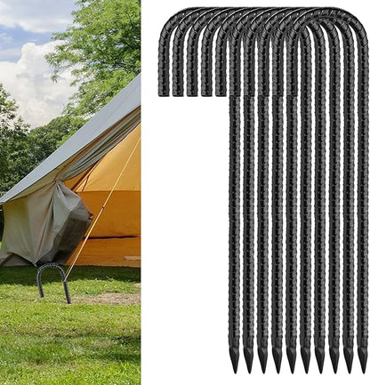Black Rebar Stakes 16inx10mm Galvanized J Hook 10pcs – Heavy Duty Ground Tent Stakes for Fence,Bounce House,Outdoor Plants,Artificial Turf,Dog Coop,Metal Stakes for Christmas Decorations