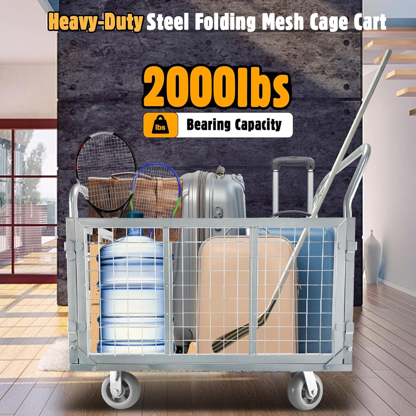 Platform Truck Cart with Cage, Multipurpose 6 in1 Foldable Flatbed Cart Heavy Duty Push Cart Dolly W/Swivel Wheels 2000lbs Capacity Utility Hand Cart for Grocery/Laundry/Stall/Storage