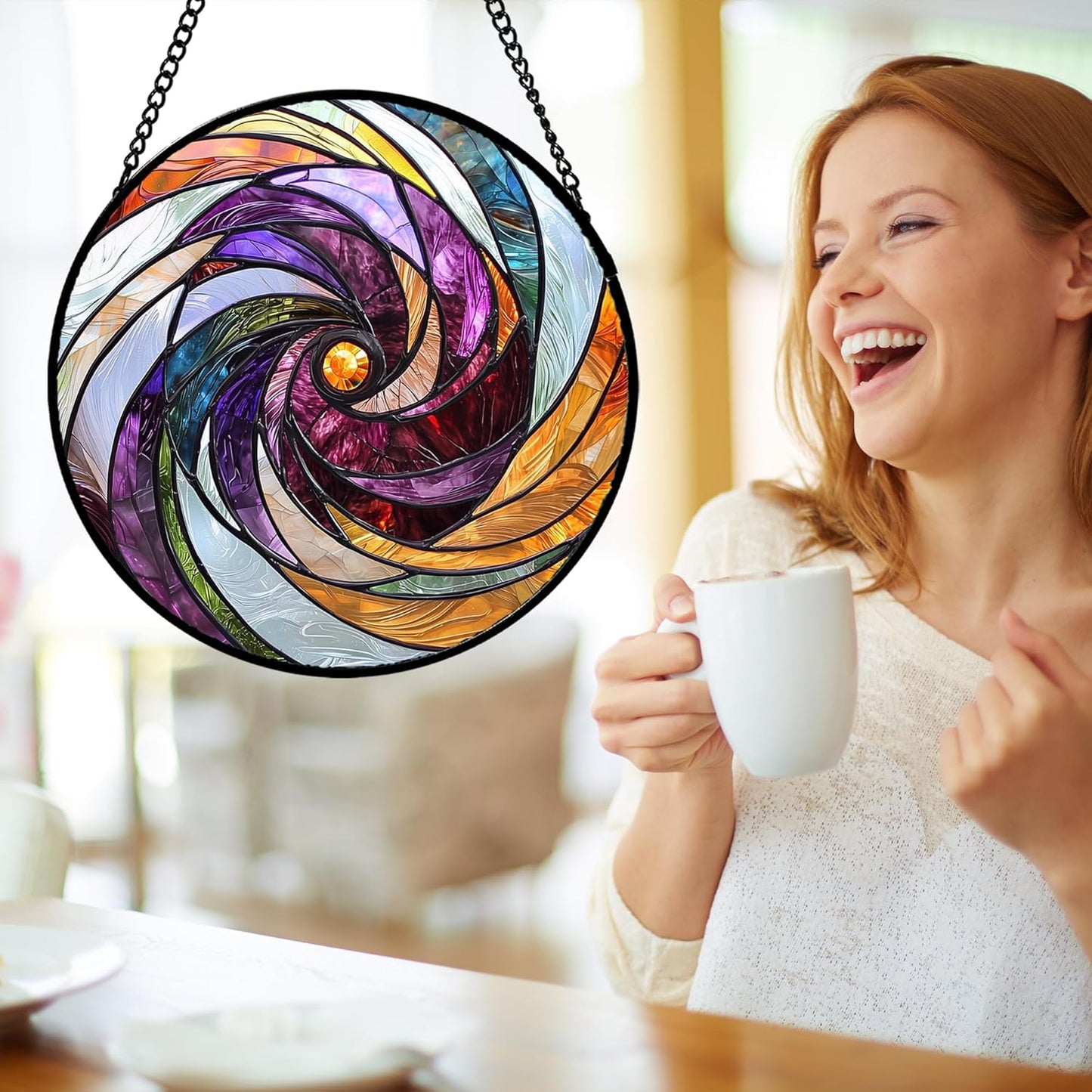 Stained Glass Window Hanging, Colorful Abstract Spiral Pattern Suncatcher for Doors Window Home Sun Catchers Decoration Mother's Day Birthday Gifts for Women, Men, and Mom 9.8 in