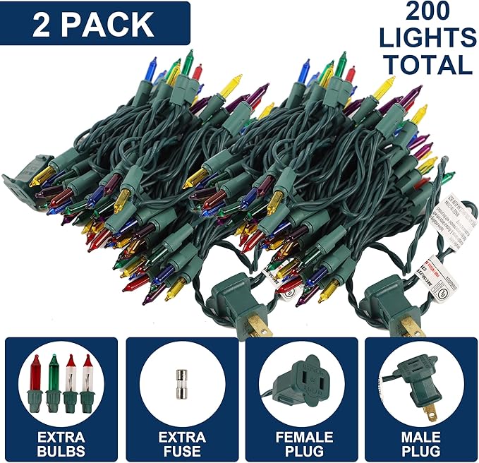 2 Pack Multicolor Christmas String Lights, 100 Count Each, Incandescent Mini Christmas Lights, Connectable Xmas Tree Light for Indoor Outdoor Garland Birthday Holiday Wedding Festival Party