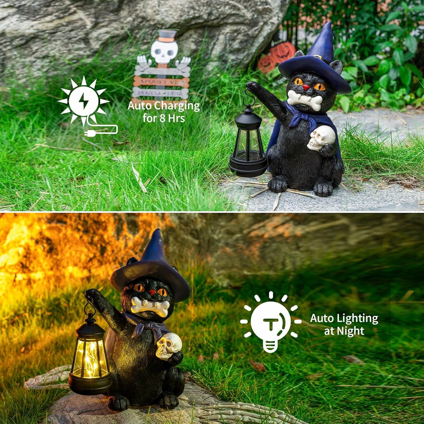 Halloween Black Cat Decor Spooky Solar Cat Garden Statues Holding Skull with LED Lantern Halloween Outdoor Decorations for Porch Patio Yard Lawn Holiday Gardening Gifts for Women