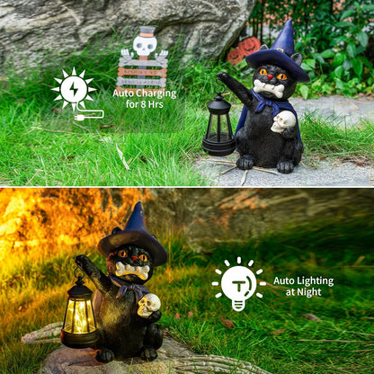 Halloween Black Cat Decor Spooky Solar Cat Garden Statues Holding Skull with LED Lantern Halloween Outdoor Decorations for Porch Patio Yard Lawn Holiday Gardening Gifts for Women