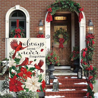 AVOIN colorlife Always Loved Never Forgotten Memorial Garden Flag 12x18 Inch Double Sided Outside, Cardinal Christmas Poinsettia Yard Outdoor Decorative Flag