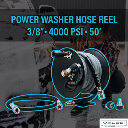MTM Hydro Pressure Washer Hose Reel Kit, Metal Heavy-Duty Hand Crank Wall Mounted, Commercial Grade with Kobrajet Non-Marking Gray Hose High Pressure 3/8” 4000 PSI 50’ Commercial Grade