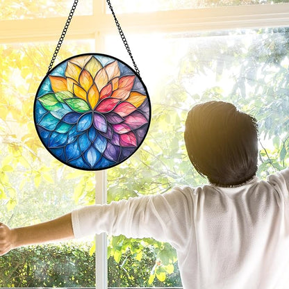 Stained Glass Window Hanging, Colorful Flower Petals Sun Catchers Diamond Glass Panel Hangings Suncatcher Decor for Birthday for Women, Men, Wife, Aunt, and Mom 7.8 in