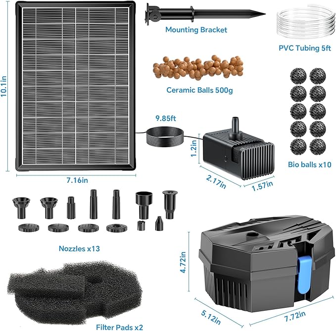 POPOSOAP Solar Fountain Pump with Pond Filter Kit Built-in 3000mAh Battery Backup, 8W Solar Water Fountain Pump, Pond Filters for Outdoor Ponds Bird Baths DIY Water Feature