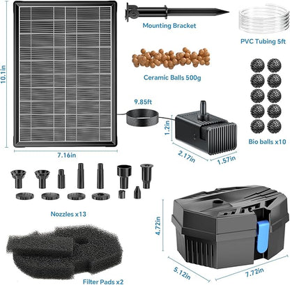 POPOSOAP Solar Fountain Pump with Pond Filter Kit Built-in 3000mAh Battery Backup, 8W Solar Water Fountain Pump, Pond Filters for Outdoor Ponds Bird Baths DIY Water Feature