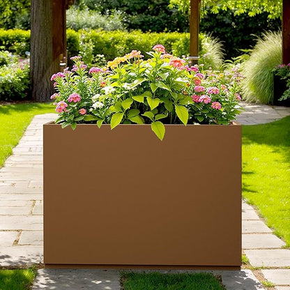 Large Rectangle Planter Metal Brown Planter Box with a Drainage Hole and a Removable Divider Indoor Outdoor Porch Pots for Tall Plants, Trees, Flowers 35.43" x 9.06" x 25.59" Brown