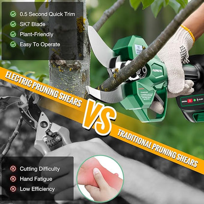 Electric Pruning Shears, 1.4 inch (35mm) Cutting Diameter Cordless Electric Scissors with LCD Display, 21V Brushless Motor Branch Cutter with 2 PCS Rechargeable 2000mAh Batteries & 2 Blades
