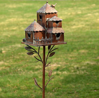 Large Copper Colored Multi-Birdhouse Stakes, Room for 4 Bird Families in Each (Cube Homes with Pyramid Roofs)