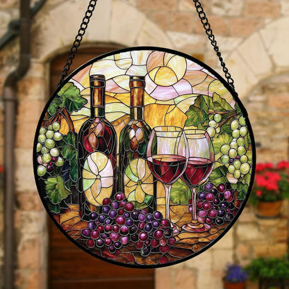 Stained Glass Window Hanging, Grapes and Wine Suncatcher Diamond Glass Panel Hangings Sun Catchers Decor for Birthday for Women, Men, Wife, Aunt, and Mom 11.8x11.8 in