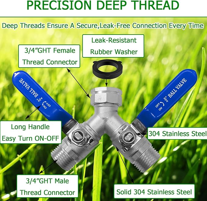 Garden Hose Splitter 2 Way 3/4" GHT Thread Heavy Duty 304 Stainless Steel Y Valve Water Hose Splitter With Long Handle