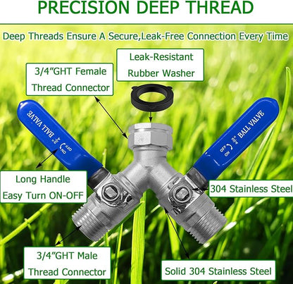 Garden Hose Splitter 2 Way 3/4" GHT Thread Heavy Duty 304 Stainless Steel Y Valve Water Hose Splitter With Long Handle