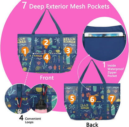Mesh Beach Bag, Large Beach Tote with Zipper Pocket for Family Pool Bag for Toys & Vacation Essentials