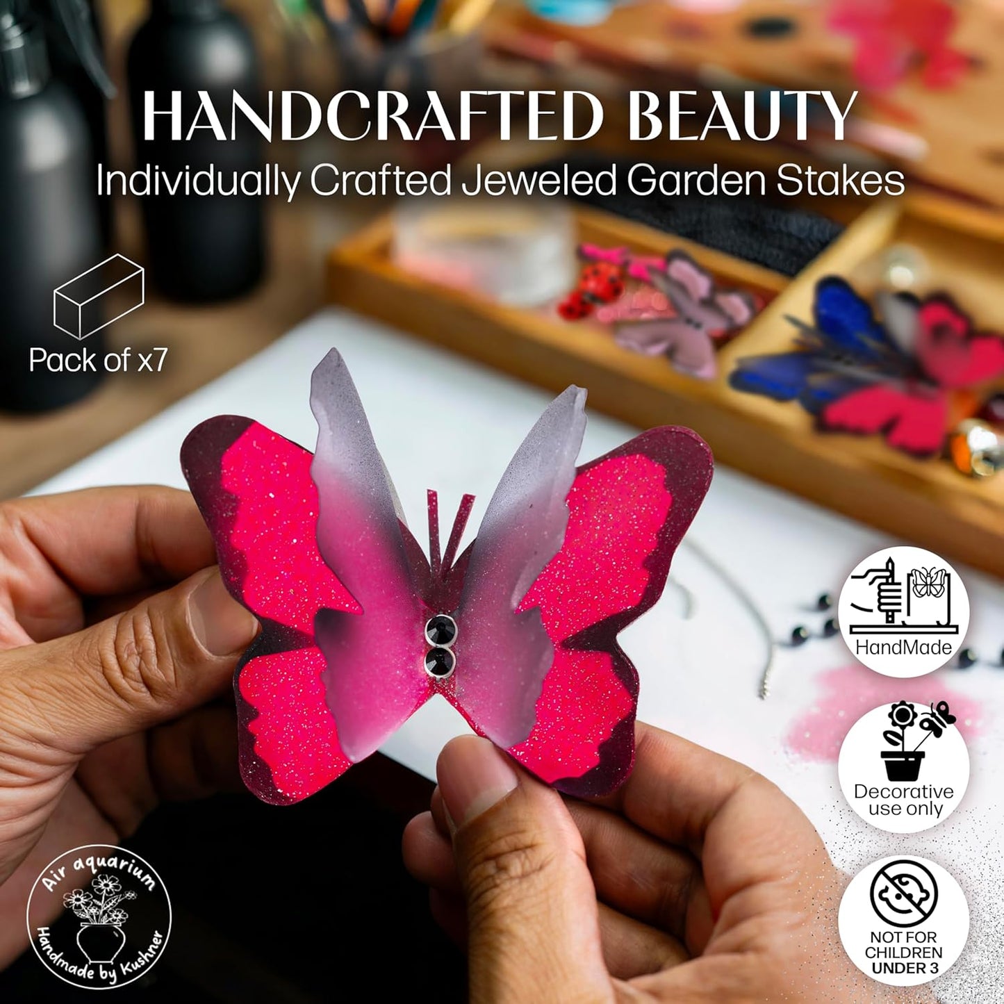 Handmade Butterfly Garden Stakes – Set of 7 Pink Decorative Butterflies Idea for Garden & Nature Lovers – Outdoor & Indoor Garden Decor – Air Aquarium Handmade by Kushner