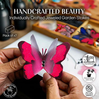 Handmade Butterfly Garden Stakes – Set of 7 Pink Decorative Butterflies Idea for Garden & Nature Lovers – Outdoor & Indoor Garden Decor – Air Aquarium Handmade by Kushner
