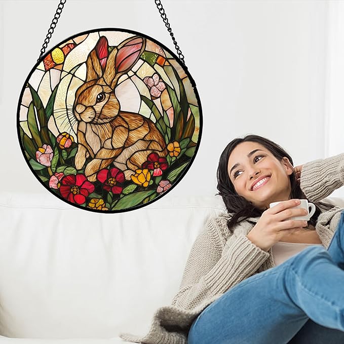 Stained Glass Window Hanging, Cute Bunny Flowers Sun Catcher for Window Door Home Decor, Rabbit Suncatcher Christmas Mother's Day Birthday Gifts for Women Men Mom and Nana 9.8 in