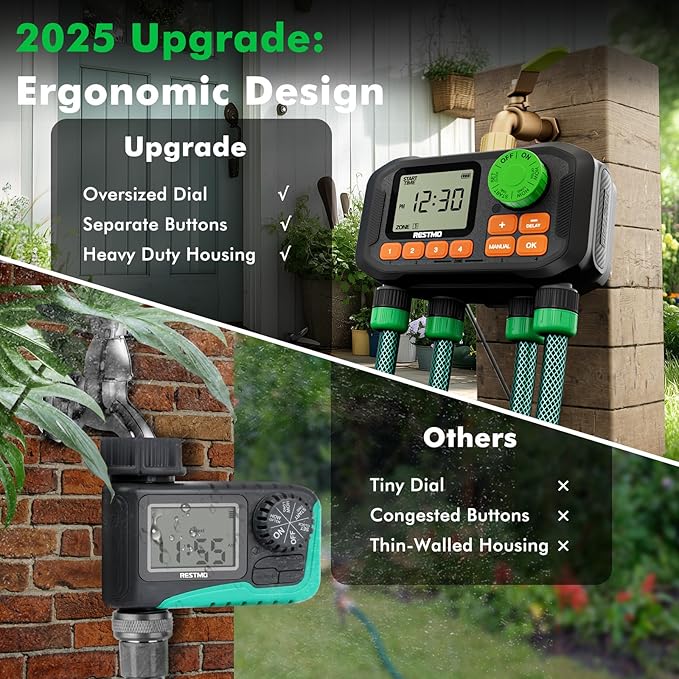 RESTMO 4 Zone Sprinkler Timer with Brass Inlet, Programmable Water Timer for Garden Hose, Automatic Control | Manual ON/Off | Rain Delay for Outdoor Faucet, Drip Irrigation and Lawn Watering System