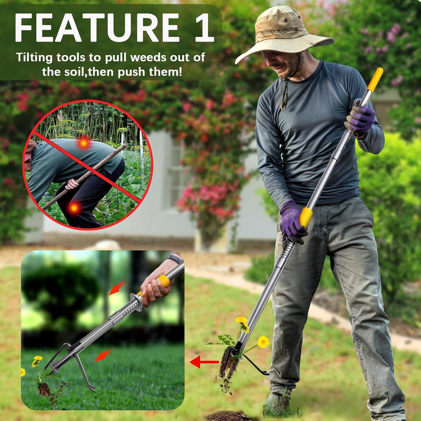 Metal Manual Weeder-48 Stand Up Weed Puller Tool with Steel Push Handle - Made with All Steel & 4-Claw Steel Head-Easily Remove Weeds in Garden Yard Lawn Without Bending Or Kneeling