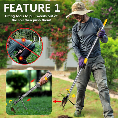 Metal Manual Weeder-48 Stand Up Weed Puller Tool with Steel Push Handle - Made with All Steel & 4-Claw Steel Head-Easily Remove Weeds in Garden Yard Lawn Without Bending Or Kneeling