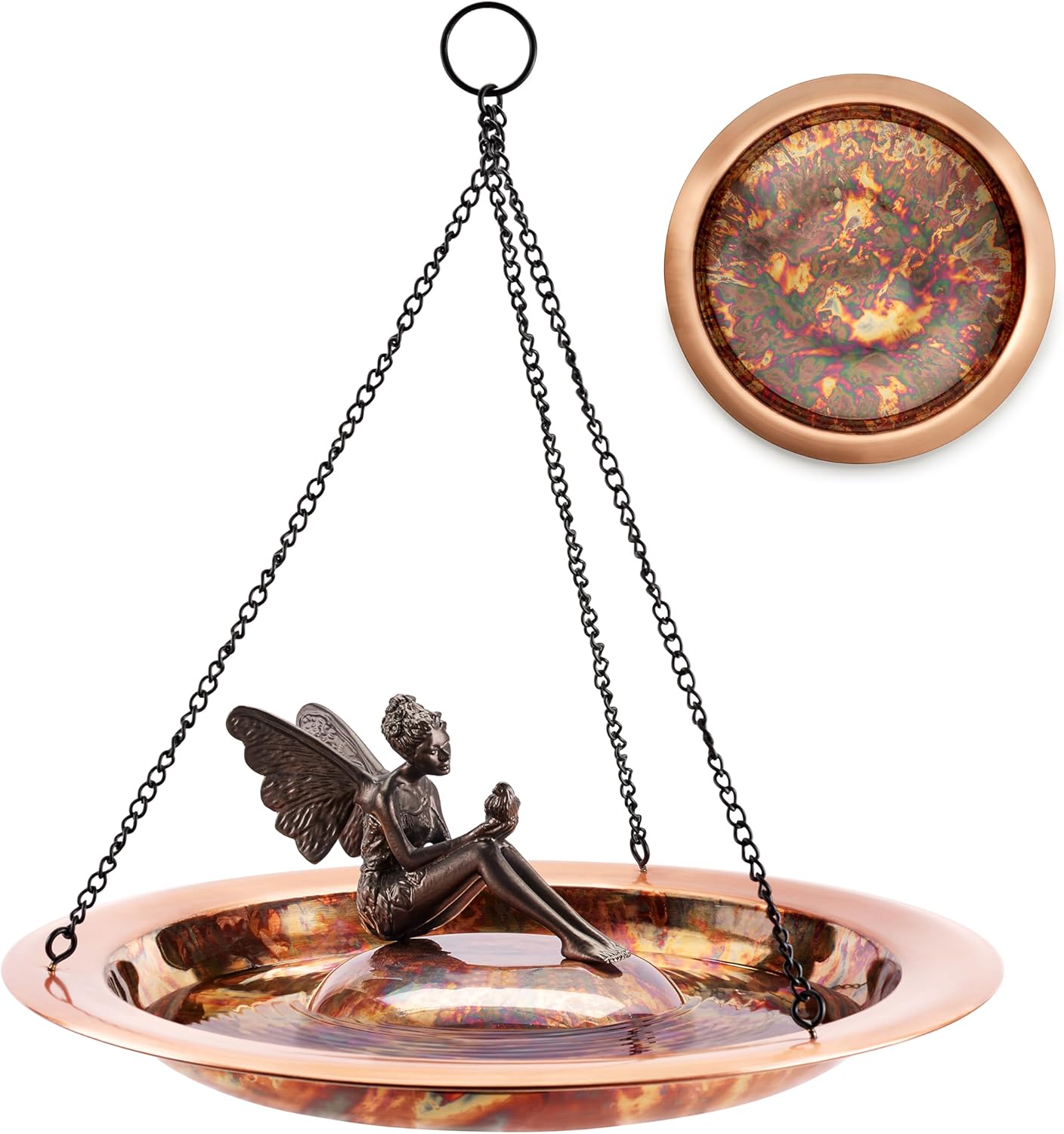 Good Directions Hanging Fired Copper Bird Bath with Fairy for Outside Backyard, Outdoor, Patio, Garden, Birdbath Gift for Bird Lovers Watchers, Large 18" Copper