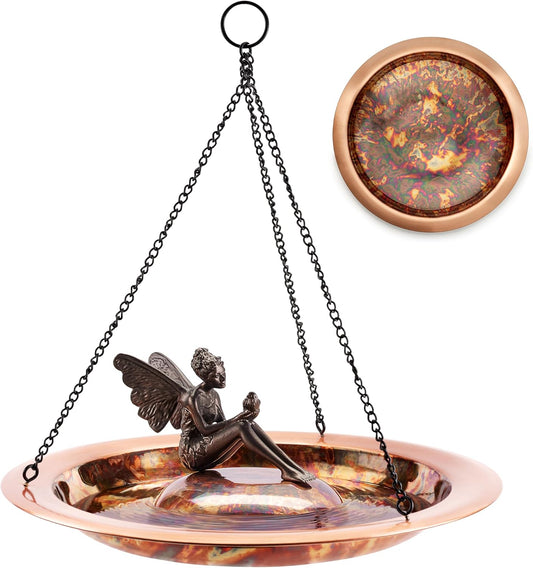Good Directions Hanging Fired Copper Bird Bath with Fairy for Outside Backyard, Outdoor, Patio, Garden, Birdbath Gift for Bird Lovers Watchers, Large 18" Copper