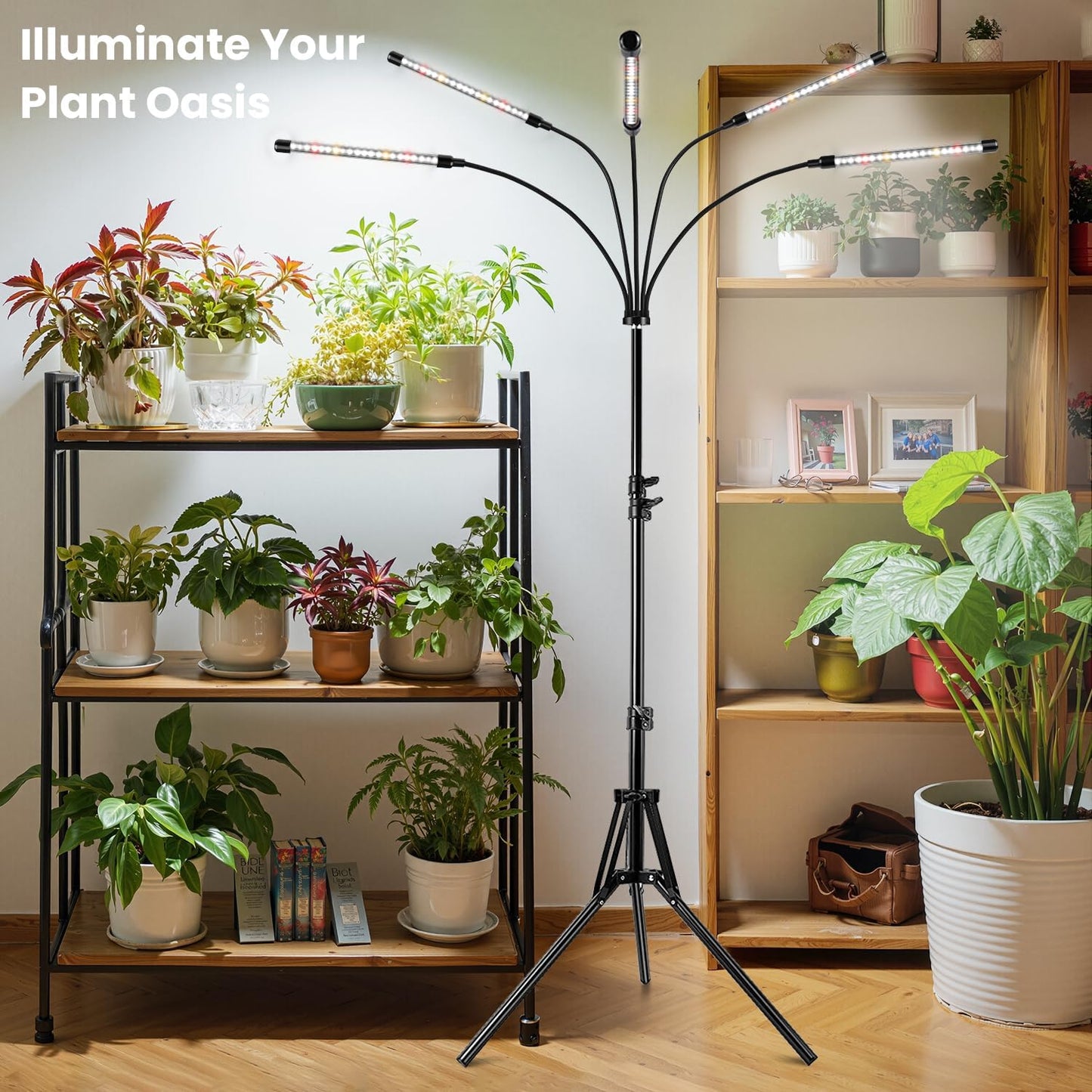 Garpsen Grow Lights for Indoor Plants, [2Pack] 100 LEDs Full Spectrum Plant Light with Timer 6/12/16H, 6000K Grow Lamp with 15~63''Adjustable Stand & Gooseneck, 3 Light Modes, 5 Levels Dimmable