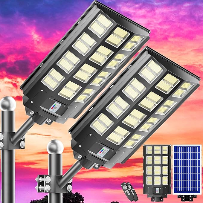 Solar Street Light, 8000W 7000K 480000LM 1152pcs LED Solar Parking Lot Lights Dusk to Dawn, Solar Flood Light Wide Angle Motion Sensor and Remote Control for Area Lighting Yard 2-Pack