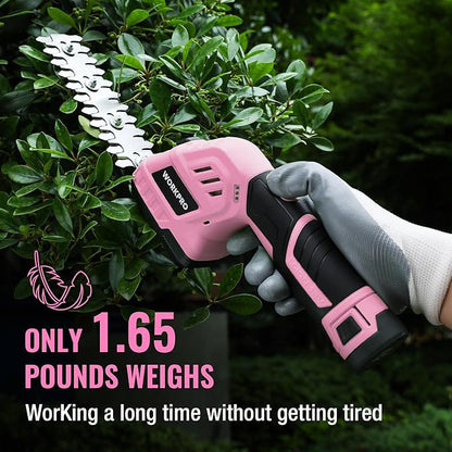 WORKPRO 12V Cordless Grass Shear & Shrubbery Trimmer - 2 in 1 Handheld Hedge Trimmer, Electric Bush Trimmer/Grass Cutter with 2.0Ah Rechargeable Lithium-Ion Battery &1 Hour Fast Charger, Pink Ribbon