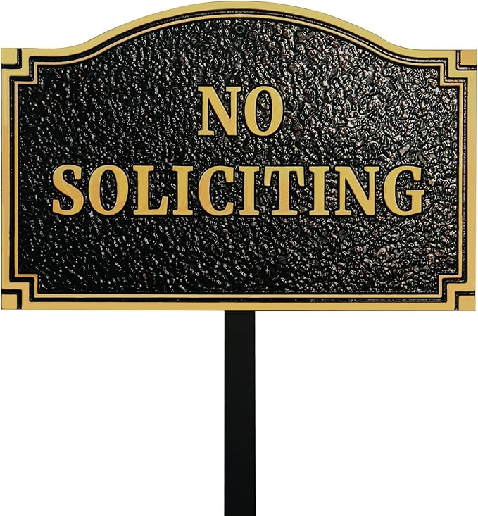 No Soliciting Statement Plaque, Solid Metal Cast Yard Sign, Thick and Sturdy Material, Embossed Letters, 11.5” x 7.5" Heavy Duty Sign with 31.5" Stakes and Upgraded Stainless Screws