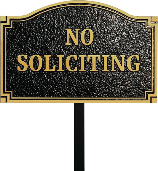 No Soliciting Statement Plaque, Solid Metal Cast Yard Sign, Thick and Sturdy Material, Embossed Letters, 11.5” x 7.5" Heavy Duty Sign with 31.5" Stakes and Upgraded Stainless Screws