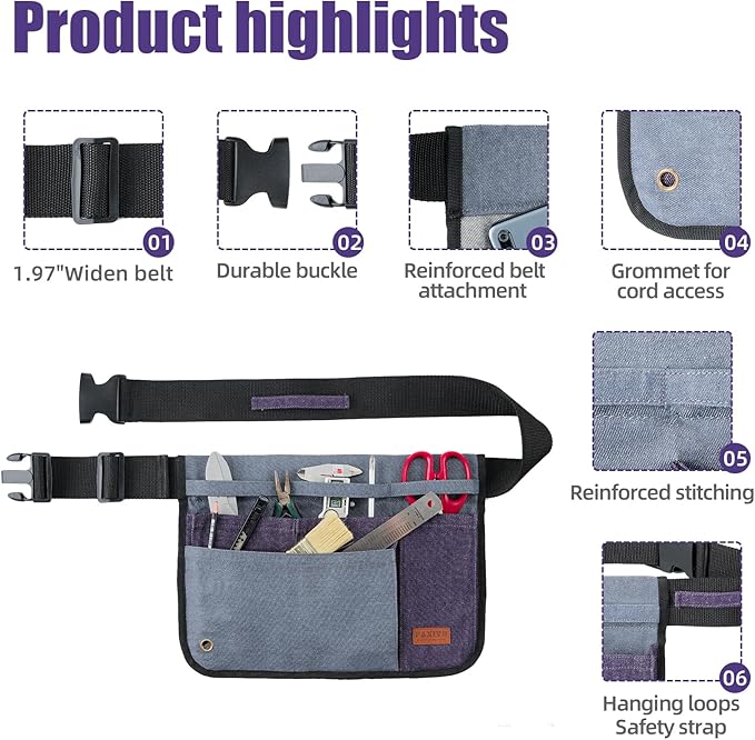 Garden Tool Belt for Men & Women, Denim Wide Adjustable 5-Pocket Waist Tool Apron - Heavy Duty Tool Pouch for Gardening, DIY, Carpenter, Woodworking, Painting, Seamstress, and Crafts (Purple)