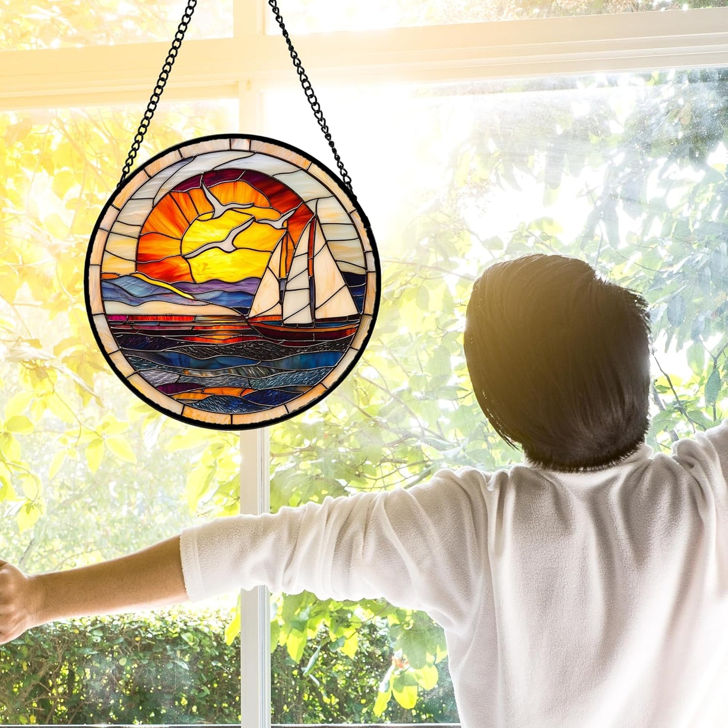 Stained Glass Window Hanging, Sun Ocean Sailboat Seagull Abstract Suncatcher Diamond Glass Panel Sun Catchers Decor for Birthday for Women, Men, Wife, Aunt, and Mom 11.8x11.8 in